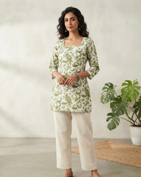 SQUARE CUT STRAIGHT SHORT KURTI WITH SEA GREEN FLORAL FOR WOMEN'S DAILY WEAR
