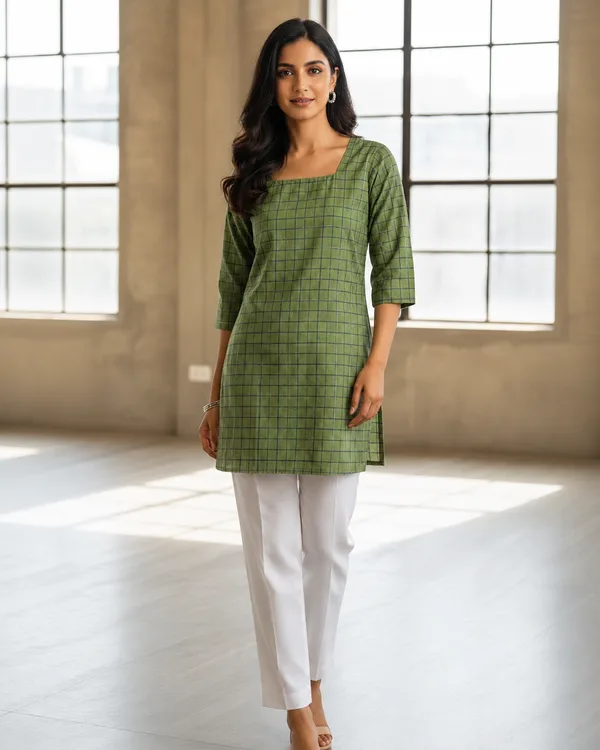 WOMEN'S SHORT KURTI WITH BLUE BLOCK PATTERN