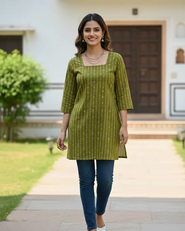 STRAIGHT FIT SHORT KURTI WITH HORIZONTAL STRIPED PATTERN