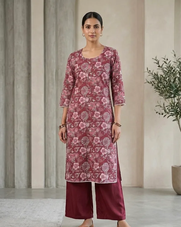 DARK RED LONG STRAIGHT FIT WITH FLORAL PATTERN KURTI FOR WOMEN